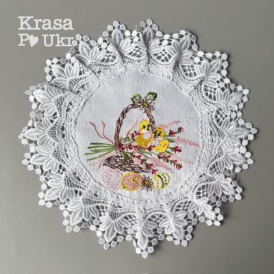 Пасхальна атласна дитяча серветка (30 см), “Кошик з курчатами”