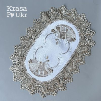 Пасхальна атласна серветка 42*30 см, “Кавові писанки”, з золотавим мереживом