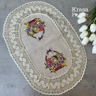 Рушник на великодній кошик “Писанки та квіти”, льон (60*40 см)