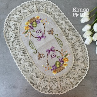 Велика серветка “Лавандовий Великдень” (60×40 см), льон натурального кольору
