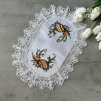 Пасхальна серветка «Писанка й підсніжники» (42×30 см), атлас з мереживом