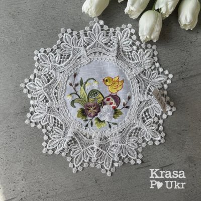 Дитяча серветка (25 см), “Барвисті крашанки з курочкою", атласна