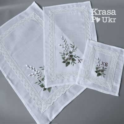 Комплект лляних серветок,  дизайн “вербовий оберіг” – доросла (60*40 см або 48*30 см) та дитяча (25*20 см)