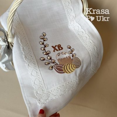 УПАКОВКА (6 ШТ або 12 ШТ) – вишитий рушник, білий льон, дизайн “великодній мінімалізм” – 60*40 см