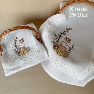 Комплект вишитих рушників – білий льон, дизайн “великодній мінімалізм” – доросла (60*40 см або 48*30 см) та дитяча (25*20 см)