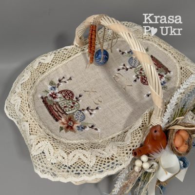 Лляна серветка на кошик (46*30 см) “Пасхальна квіткова корзинка”
