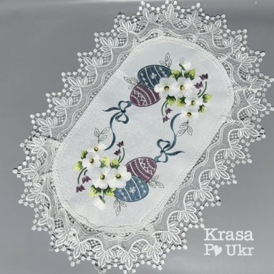 Атласна серветка з вишивкою “Квіти та крашанки” 60×40 см - айворі
