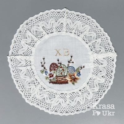 Біла лляна дитяча серветка “Пасхальна квіткова корзинка” (30 см)