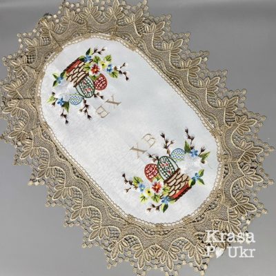 УПАКОВКА (6 ШТ або 12 ШТ) – велика серветка “Пасхальна квіткова корзинка” (60×40 см), атлас з золотавим мереживом