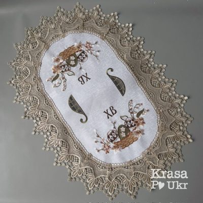 Атласна біла серветка з золотавим мереживом  “Пастельна квіткова корзинка” (60*40 см)