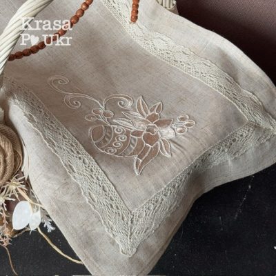 Великий вишитий рушник на кошик, 60*40 см, дизайн “монохромний орнамент” у молочному