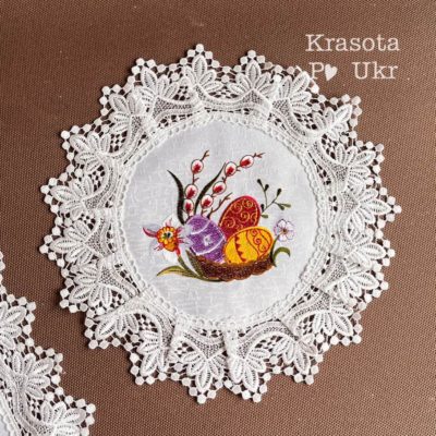 Серветка на дитячий кошик з мереживом “Кольорові писанки” (30 см), атлас