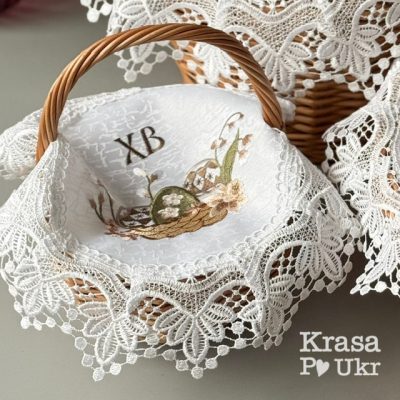 Серветка на дитячий кошик з мереживом “Пастельна квіткова корзинка” (атлас, 30 см)
