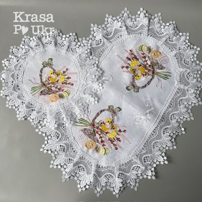 Білий атласний комплект серветок на кошик “Кошик з курчатами” (60*40 см і 30 см)