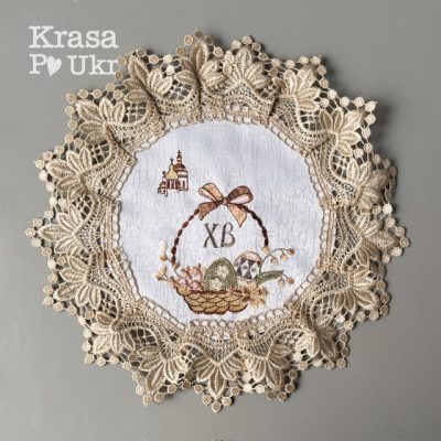 Пасхальна дитяча серветка (30 см), “Пастельна квіткова корзинка” з золотавим мереживом