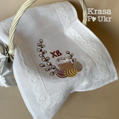 УПАКОВКА (6 ШТ або 12 ШТ) – білий лляна серветка з вшивним мереживом, дизайн “великодній мінімалізм” – 50*30 см