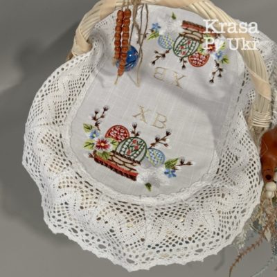 Лляна біла накривка на корзинку (46*30 см) “Пасхальна квіткова корзинка”