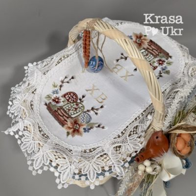 УПАКОВКА (6 ШТ) – серветка на кошик пасхальна (атласна, 44*30 см), “Пасхальна квіткова корзинка”